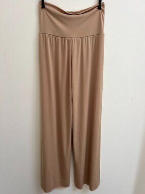 G&G Tan Nude Foldover High Waist Wide Leg Palazzo Lounge Pants S TALL 41" Inseam